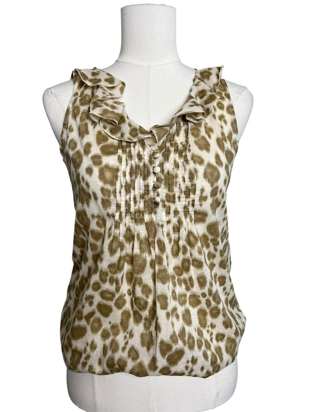 LOFT Blouse Womens XS Beige Leopard Print Ruffle Neck Sleeveless Casual Top